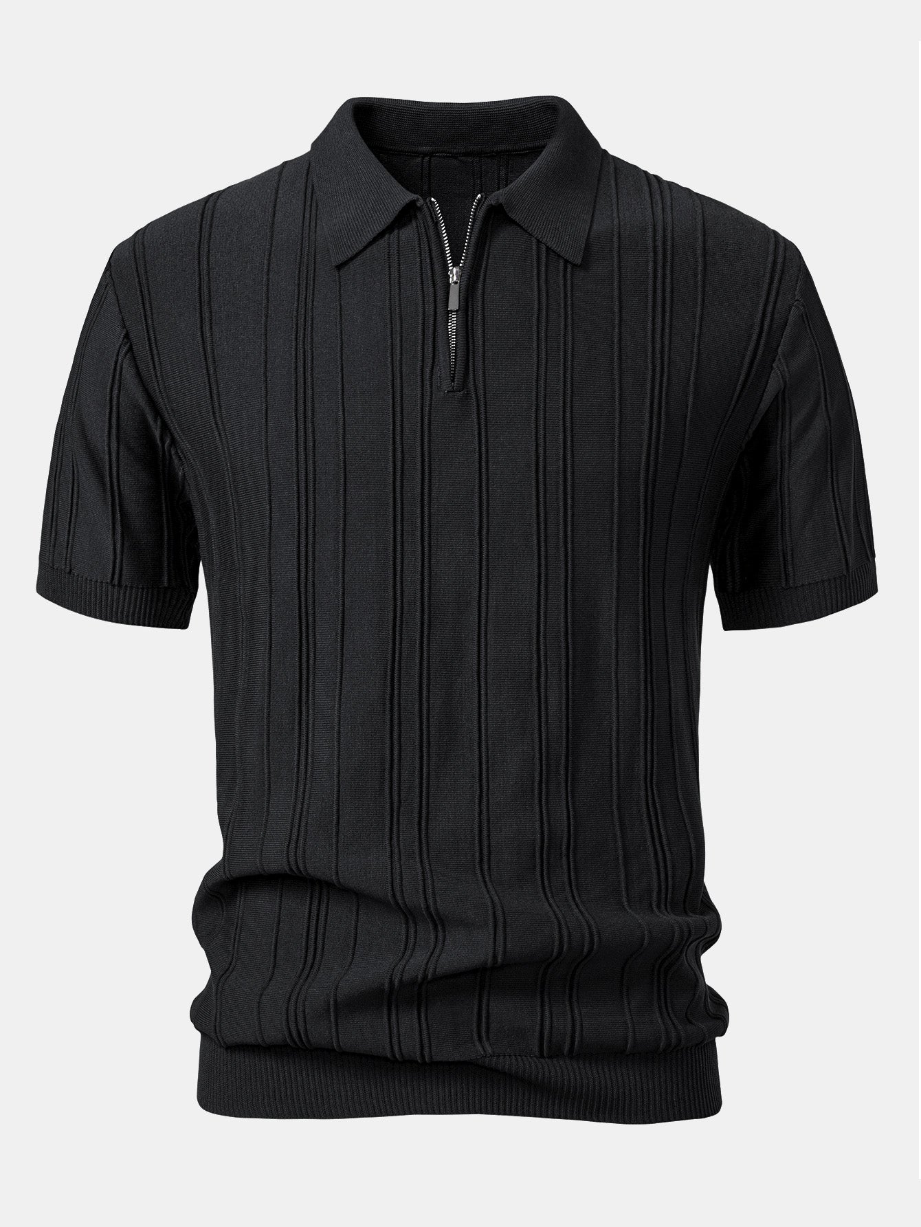 Striped Jacquard Knit Polo Shirt with Zipper