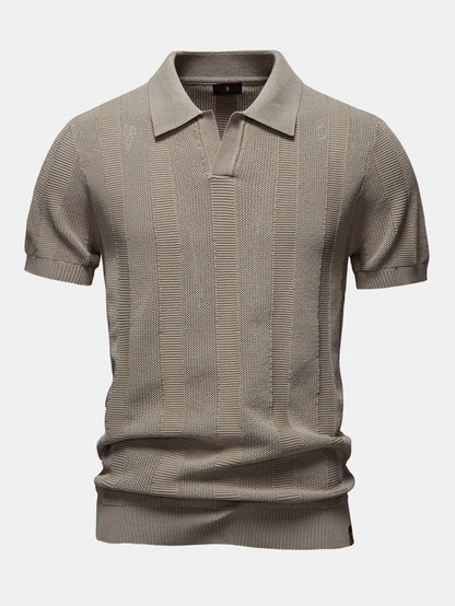 Striped Hollow Knit V-Neck Polo