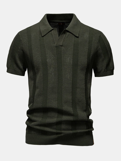 Striped Hollow Knit V-Neck Polo
