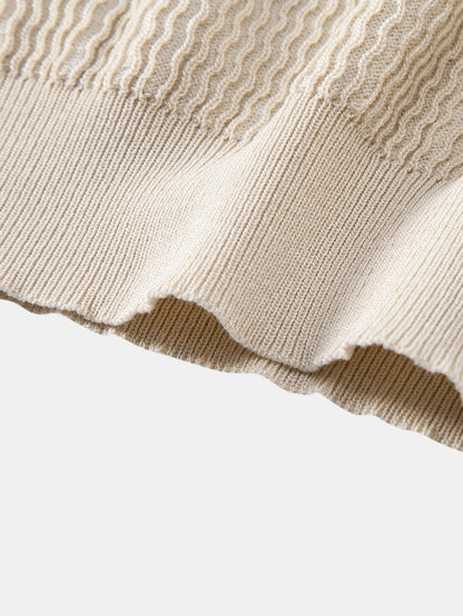 V-Neck Polo Shirt with Wave Jacquard Knit