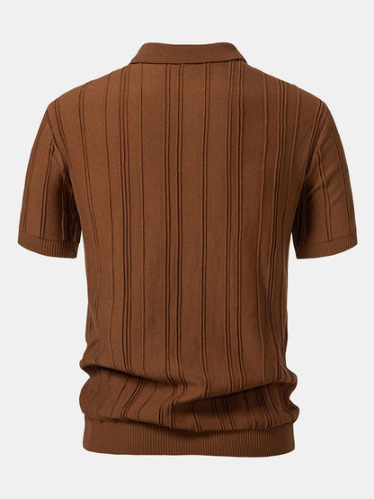 Striped Jacquard Knit Polo Shirt with Zipper