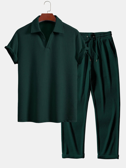 Textured V-Neck Polo & Trousers Set