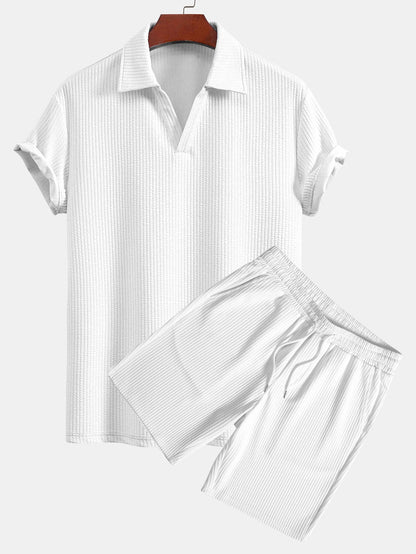 Textured V-Neck Polo & Shorts